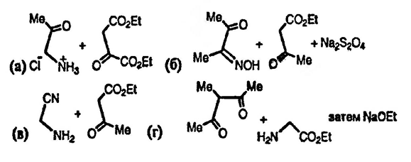 Рисунок-ответ № 10. Глава 13. Предложите способы получения следующих соединений: а) диэтилового эфира 4-метилпиррол-2,3-дикарбоновой кислоты; б) этилового эфира 2,4,5-триметил-пиррол-3-карбоновой кислоты; в) этилового эфира 4-амино-2-метилпиррол-3-карбоновой кислоты; г) этилового эфира 3,4,5-триметилпиррол-2-карбоновой кислоты.
