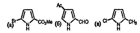 Рисунок-ответ № 2. Глава 13. Приведите структурные формулы соединений образующихся в результате следующих реакций: а) при взаимодействии пиррола с Cl3CCOCl, затем полученного соединения с Br2 и затем продукта реакции с MeONa/MeOH → C6H6BrNO2; б) при взаимодействии пиррола с диметилформамидом /POCl3, затем продукта реакции с MeCOCl/AlCl3 и на заключительной стадии с водным NaOH → C7H7NO2, в) при реакции 2-хлорпиррола с диметилфорамидом/POCl3, затем водным NaOH и затем продукта реакции с LiAlH4 → C5H6ClN.