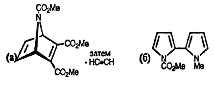 Рисунок-ответ № 6. Глава 13. а) При нагревании 1-метоксикарбонилпиррола с диэтиловым эфиром ацетилен-дикарбоновой кислоты при 160 °C образуется диэтиловый эфир 1-метоксикарбонилпиррол-3,4-дикарбоновой кислоты. Предложите механизм процесса и структуры образующихся интермедиатов,б) Предложите структурную формулу соединения C11H12N2O2, образующегося при последовательном взаимодействии 1-метоксикарбонилпиррола с синглетным кислородом и затем со смесью 1-метилпиррола и SnCl2.