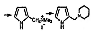 Рисунок-ответ № 7. Глава 13. Предложите структурные формулы соединений, образующихся на каждой стадии при взаимодействии пиррола последовательно со следующими реагентами:a) Me2NH/HCHO/AcOH; б) CH3I; в) пиперидин в горячем этаноле → C10H16N2.