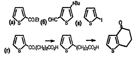 Рисунок-ответ № 3. Глава 14. Какие соединения образуются при взаимодействии следующих соединений:а) тиофен с пропионовым ангидридом в H3PO4; б) 3-трет-бутилтиофен с PhN(Me)CHO/POCl3, затем водн. NaOH; в) тиофен с Tl(O2CCF3)3, затем водн. KI → C4H3IS; г) тиофен/янтарный ангидрид/AlCl3 → C8H8O3S, затем N2H4/KOH/нагревание → C8H10O2S, затем с SOCl2, затем с AlCl3 → C8H8OS.