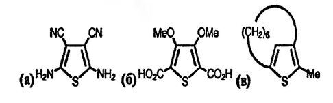 Рисунок-ответ № 7. Глава 14. Установите структуру тиофенов: a) C6H4N4S, полученного реакцией (NC)2C-C(CN)2 с H2S; б) C8H8O6S, образующегося из диэтилоксалата, (EtO2CCH2)2S/NaOEt, водн. NaOH, затем Me2SO4; в) C11H16S, образующегося из 3-ацетилциклононанона с P4S10.