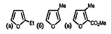 Рисунок-ответ № 10. Глава 15. Предложите структуры фуранов, полученных в результате синтеза кольца в ходе следующих взаимодействий: a) CH2=CHCH2MgBr/EtCH=O, затем с т-РВА (м-хлорпербензойная кислота), затем с CrO3/придин, затем с BF3;б) CH2=C(Me)CH2MgCl/HC(OEt)3, затем т-СРВА, затем с водн. Н+;в) (MeO)2CHCH2COMe/ClCH2CO2Me/NaOMe, затем нагревание.