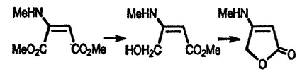 Рисунок-ответ № 11. Глава 15. Для синтеза тетроновой кислоты используется представленная ниже последовательность превращений. Предложите структуры промежуточных соединений: метиламин добавляют к диметил ацетилендикарбоксилату → C7H11NO4, селективным восстановлением которого LiAlH4 получают C6H11NO3, который затем циклизуется в присутствии кислоты в соединение C5H7NO2, гидролиз которого в водном растворе кислоты даёт тетроновую кислоту.