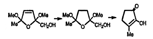 Рисунок-ответ № 3. Глава 15. При электрохимическом окислении 5-метилфурфурилового спирта в метаноле получают соединение C8H14O4, гидролиз которого даёт C8H16O4; обработка кислотой последнего приводит к образованию циклического 1,2-диона C6H8O2. Какова структура этих соединений?