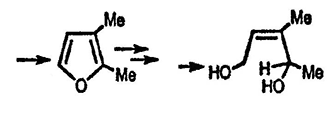 Рисунок-ответ № 4. Глава 15. Нарисуйте структуры всех промежуточно образующихся соединений в следующей цепочке превращений: этиловый эфир 2-метилфуран-3-карбоновой кислоты с LiAl4, затем с SOCl2, затем с LiAlH4 → C6H8O, обработка которого Br2 в метаноле, затем водой при 60 °C, затем водн. NaBH4 приводит к образованию C6H12O2.