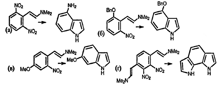 Рисунок-ответ № 13. Глава 17. Нагревание диметилацеталя диметилформамида с перечисленными ниже ароматическими соединениями приводит к образованию продуктов конденсации, а последующее взаимодействие с указанным реагентом даёт индолы. Нарисуйте структуры соединений — продуктов конденсации и индолов: а) 2,6-динитротолуол, затем TiCl3 → C8H8N2; б) 2-бензилокси-6-нитротолуол, затем H2/Pt → C15H13NO; в) 4-метокси-2-нитротолуол, затем H2/Pd → C9H9NO; г) 2,3-динитро-1,4-диметилбензол, затем H2/Pd → C10H8N2.