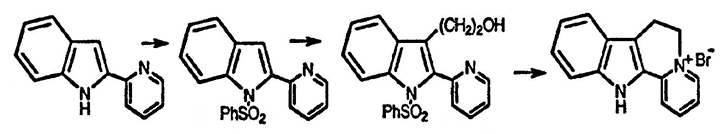 Рисунок-ответ № 8. Глава 17. Предложите структуру соли C15H13N2+Br-, образующейся в следующей последовательности превращений: 2-(2-пиридил)индол реагирует сначала с н-BuLi, затем с PhSO2Cl → C14H10INO2S, затем это соединение последовательно взаимодействуете трет-BuLi при −100 °C, а затем с этиленоксидом (→ C21H18N2O3S), водн. NaOH (→ C15H14N2O) и, наконец, с PBr3.