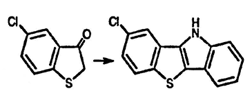 Рисунок-ответ № 3. Глава 18. Установите структуры би- и трициклических гетероциклов, образующихся в ходе следующих реакций: 4-хлорфенилтиоуксусная кислота с PCl3, затем AlCl3 (→ C8H5ClSO), затем обработка фенилгидразином в горячей AcOH → C14H8ClNS.