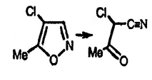Рисунок-ответ № 3. Глава 22. Предложите структуры соединений, образующихся при обработке 5-метилизоксазола SO2Cl2, затем полученного соединения с водн. NaOH → C4H4ClNO (не содержит цикла).