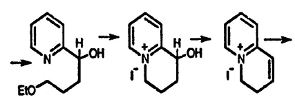 Рисунок-ответ № 2. Глава 25. Нарисуйте структуры промежуточно образующихся соединений в следующем синтезе катиона хинолизиния: 2-метилпиридин реагирует с диизопропиламидом лития, затем с EtO(CH2)2CH=O с образованием C11H17NO2, который нагревают с HI → C9H12NO+I-, далее эту соль нагревают с Ac2O → C9H10NO+I- и, наконец, нагревают с Pd/C, что приводит к образованию иодида хинолизиния.