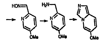 Рисунок-ответ № 4. Глава 25. Предложите структуры промежуточно образующихся соединений и конечного продукта следующей последовательности превращений: 5-метокси-2-метилпиридин реагирует с KNH2/изо-AmONO → C7H8N2O2, затем с Zn/AcOH → C7H10N2O и, наконец, с HCO2Me/полифосфатный эфир → C8H8N2O.