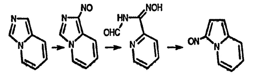 Рисунок-ответ № 5. Глава 25. При взаимодействии имидазо[1,5-a]пиридина с водн. HNO2 образуется 3-(пиридин-2-ил)-1,2,4-оксадиазол. Каков механизм этого процесса? Что образуется при взаимодействии индолизина с азотистой кислотой?
