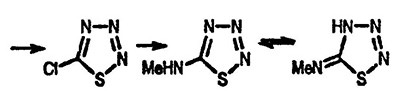 Рисунок-ответ № 2. Глава 26. Тиофосген (S=CCl2) реагирует с азидом натрия при низкой температуре с образованием соединения, которое не содержит азидной группы; при последующей реакции с метиламином это производное превращается в соединение с брутто-формулой C2H4N4S — каковы структуры всех соединений?
