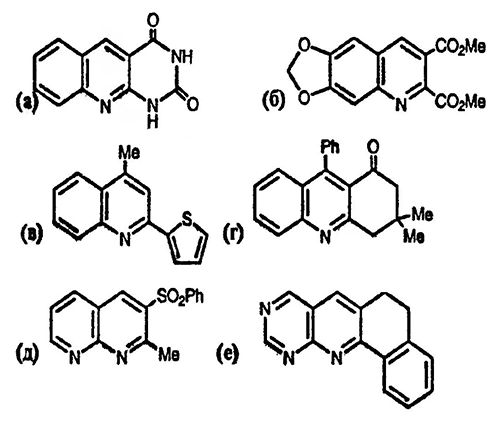 Рисунок-ответ № 10. Глава 6. Предложите структуры гетероциклических соединений, полученных в результате следующих реакций: а) 2-аминобензальдегида и барбитуровой кислоты (разд. 7.10), C11H7N3O2;б) этиленацеталя 2-аминобензальдегида и диметилового эфира ацетиленкарбоновой кислоты, C14H11NO6, в) 2-аминоацетофенона и 2-ацетилтиофена, C14H11NS; г) 2-аминобензофенона и димедона, C21H19NO; д) 2-аминопиридин-3-карбальдегида и 1-фенилсульфонилацетона, C15H12N2O2S;е) 4-аминопиримидин-5-карбальдегида и α-тетралона, C15H11N3.