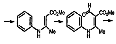 Рисунок-ответ № 7. Глава 6. Предложите механизм образования метилового эфира 2-метилхинолин-3-карбоновой кислоты при взаимодействии анилина с метиловым эфиром ацетоуксусной кислоты (→ C11H13NO2) и затем продукта реакции с диметилформамидом/POCl3.