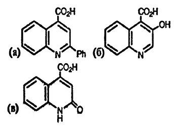 Рисунок-ответ № 9. Глава 6. Предложите строение производных хинолина, полученных иза) изатина при его взаимодействии с гидроксидом натрия и затем с ацетофеноном, C16H11NO2;б) изатина при его взаимодействии с гидроксидом калия и затем 3-хлорпировиноградной кислотой, C10H7NO3;в) из N-ацетилизатина и гидроксида натрия, C10H7NO3.