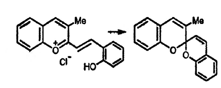 Рисунок-ответ № 1. Глава 9. При нагревании смеси салицилового альдегида и хлорида 2,3-диметилбензопирилия в присутствии кислоты образуется продукт конденсации C18H15O2+Cl-. При взаимодействии этой соли со слабым основанием (пиридином) образуется нейтральное соединение. Предложите структурные формулы обоих соединений.