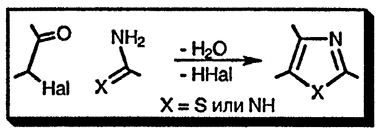 Рисунок 1. Раздел 21.14.1.1. Из α-галогенокарбонильных соединений (или их эквивалентов) и трёхатомного фрагмента, поставляющего два гетероатома и атом C<sub>(2)</sub> кольца