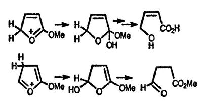 Рисунок-ответ № 1. Глава 15. При гидролизе 2-метоксифурана в водном растворе кислоты образуется лактон 4-гидроксибут-2-еновой кислоты и MeO2C(CH2)2CH=O; нарисуйте последовательность превращений, включающую протонирование и взаимодействие с водой и объясняющую образование каждого из соединений.