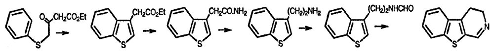 Рисунок-ответ № 1. Глава 18. Предложите структуры соединений, образующихся на каждой стадии следующей последовательности превращений: PhSH + ClCH2COCH2CO2Et (→ C12H14SO3), полифосфорная кислота, нагревание (→ C12H12SO2), затем NH3 (→ C10H9NSO), затем LiAlH4 (→ C10H11NS), затем HCO2H/нагревание (→ C11H11NSO), затем POCl3/нагревание → конечное трициклическое соединение (C11H9NS).