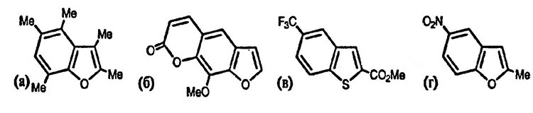 Рисунок-ответ № 2. Глава 18. Нарисуйте структуры соединений, образующихся из следующих комбинаций:а) C13H16O из 2,4,5-триметилфенола с 3-хлорбутан-2-оном с последующей обработкой конц. H2SO4; б) C12H8O, из 7-гидрокси-8-метоксикумарина с CH2=CHCH2Br/K2CO3 с последующим сильным нагреванием; образующийся изомер затем последовательно реагирует с O3, а затем с Н+; в) 4-трифторметилфторбензол с диизопрпиламидом лития, затем диметилформамид (→ C8H4F4O), затем с HSCH2CO2Me/NaH даёт C11H7F3O2S; г) C9H7NO3 из 4-фторнитробензола с Me2C=NONa, затем нагревание с конц. HCl.