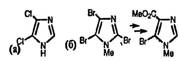 Рисунок-ответ № 1. Глава 21. Предложите структуры галогеносодержащих соединений, образующихся в результате следующих превращений:а) имидазол с NaOCl → C3H2Cl2N;б) 1-метилимидазол с избытком Br2 в AcOH → C4H3Br3N2, который затем взаимодействует с EtMgBr с последующей обработкой водой → C4H4Br2N2, который, в свою очередь, реагирует с н-BuLi, затем с (MeO)2CO → C6H7BrN2O2.