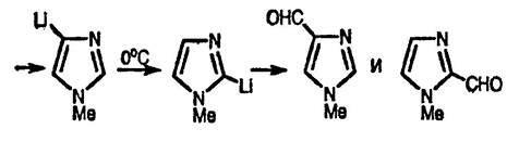 Рисунок-ответ № 6. Глава 21. Объясните следующее: 4-бром-1-метилимидазол обрабатывают н-BuLi/-78 °C, затем диметилформамидом и получают C5H6N2O. Проведение этой же реакции при 0 °C до прибавления диметилформамида приводит к образованию изомерного продукта реакции.
