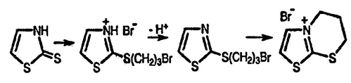 Рисунок-ответ № 7. Глава 21. Тиазол-2-тион реагирует с Br(CH2)3Br и даёт в основном соль C6H8NS2+Br-; предложите её структуру и механизм образования.