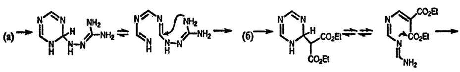 Рисунок-ответ № 4. Глава 26. 1,3,5-Триазин реагируета) с аминогуанидином с образованием 4-амино-1,3,4-триазола и б) с диэтилмалонатом с образованием этилового эфира 4-гидроксипиримидин-5-карбоновой кислоты. Напишите механизмы этих превращений.