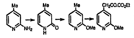 Рисунок-ответ № 10. Глава 5. Предложите структуры соединений, образующихся на каждой стадии в следующих превращениях: 4-метилпиридин реагирует с NaNH2 → C6H8N2, затем с NaNO2/H2SO4 при 0 °C → 20 °C → C6H7NO, затем с метоксидом натрия и метилиодидом → C7H9NO и, наконец, с KOEt/(CO2Et)2 → C11H13NO4.
