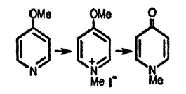 Рисунок-ответ № 4. Глава 5. Предложите структуры соединений, образующихся в реакциях 4-хлорпиридина с метоксидом натрия → C6H7NO (А), затем с метилиодидом → C7H10INO и далее при нагревании при 185 °C → C6H7NO, изомерное А.