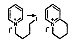Рисунок-ответ № 8. Глава 5. Если соль C9H13IN+I-, получаемую при взаимодействии пиридина с 1,4-дииодбутаном, обрабатывают Bu3SnH в присутствии азобисизобутиронитрила. Образуется новая соль C9H12N+I-, в спектре ПМР которой проявляется синглет четырёх ароматических протонов. Предложите структуры обеих солей и механизм образования последней.