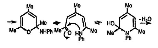 Рисунок-ответ № 1. Глава 8. Нарисуйте последовательность превращения 2,4,6-триметилпирилия в 1-фенил-2,4,6-триметипиридиний при взаимодействии с анилином.