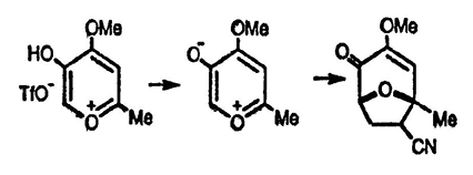 Рисунок-ответ № 3. Глава 8. Предложите структуры соединений, образующихся в следующих реакциях: 2-метил-5-гидрокси-4-пирон взаимодействует с MeOTf → C7H9O3 + TfO- (соль), затем это соединение с 2,2,6,6-тетраметилпиперидином (пространственно затруднённое основание) → C7H8O3 (диполярное соединение), затем с акрилонитрилом → C10H11NO3.